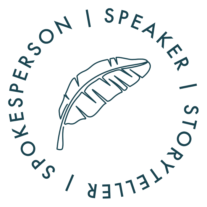 Animated gif of an illustration of a feather with the words "Spokesperson," "Speaker," and "Storyteller" rotating
